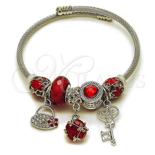 Aro Individual 07.464.0034 Acero Inoxidable, Diseño de Llave y Maleta, con Zirconia Cubica Granate y Cristal Light Siam, Esmaltado Rojo, Rodinado (Grosor 03 MM, Talla Unica)
