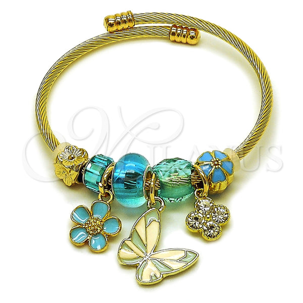 Aro Individual 07.464.0035 Acero Inoxidable, Diseño de Mariposa y Flor, con Cristal Light Turquoise y Crystal, Esmaltado Turquesa, Tono Dorado (Grosor 03 MM, Talla Unica)