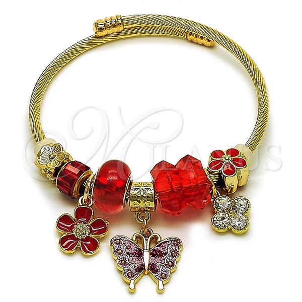 Aro Individual 07.464.0036 Acero Inoxidable, Diseño de Mariposa y Flor, con Cristal Light Siam y Crystal, Esmaltado Rojo, Tono Dorado (Grosor 03 MM, Talla Unica)