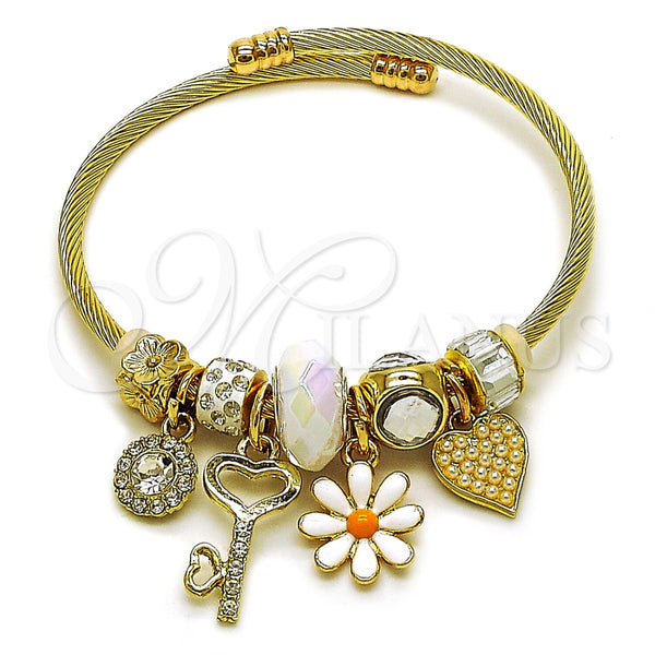 Aro Individual 07.464.0037 Acero Inoxidable, Diseño de Flor y Corazón, con Cristal Crystal y Aurore Boreale, Esmaltado Blanco, Tono Dorado (Grosor 03 MM, Talla Unica)