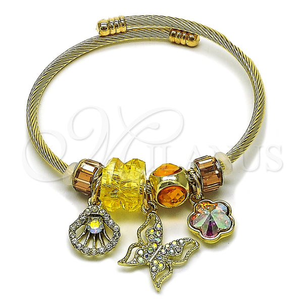 Aro Individual 07.464.0038.1 Acero Inoxidable, Diseño de Mariposa y Concha, con Cristal Light Smoked Topaz y Aurore Boreale, Pulido, Tono Dorado (Grosor 03 MM, Talla Unica)