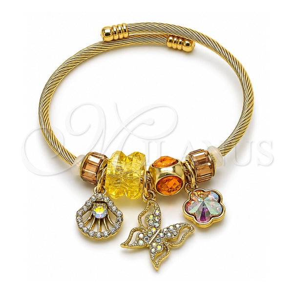 Aro Individual 07.464.0038.1 Acero Inoxidable, Diseño de Mariposa y Concha, con Cristal Light Smoked Topaz y Aurore Boreale, Pulido, Tono Dorado (Grosor 03 MM, Talla Unica)
