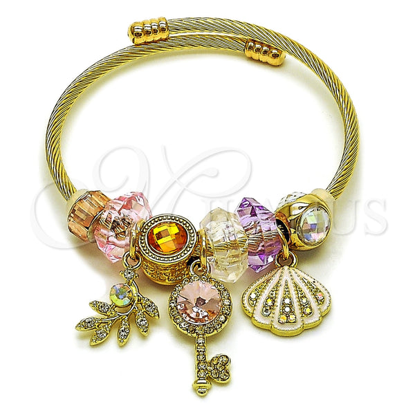 Aro Individual 07.464.0039 Acero Inoxidable, Diseño de Concha y Llave, con Cristal Light Rose y Crystal, Esmaltado Blanco, Tono Dorado (Grosor 03 MM, Talla Unica)