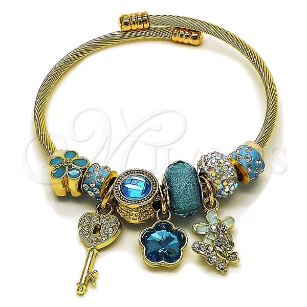 Aro Individual 07.464.0040 Acero Inoxidable, Diseño de Flor y Llave, con Cristal Light Turquoise y Crystal, Esmaltado Turquesa, Tono Dorado (Grosor 03 MM, Talla Unica)