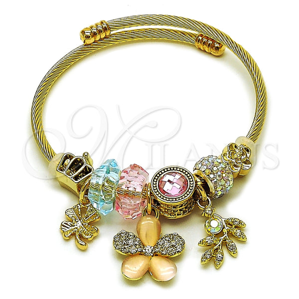 Aro Individual 07.464.0041 Acero Inoxidable, Diseño de Flor y Trébol de Cuatro Hojas, con Cristal Light Turquoise y Light Rose, Pulido, Tono Dorado (Grosor 03 MM, Talla Unica)