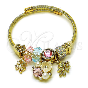 Aro Individual 07.464.0042 Acero Inoxidable, Diseño de Flor y Trébol de Cuatro Hojas, con Cristal Light Rose y Aurore Boreale, Pulido, Tono Dorado (Grosor 03 MM, Talla Unica)