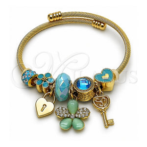 Aro Individual 07.464.0043 Acero Inoxidable, Diseño de Flor y Corazón, con Cristal Light Turquoise y Indicolite, Esmaltado Turquesa, Tono Dorado (Grosor 03 MM, Talla Unica)