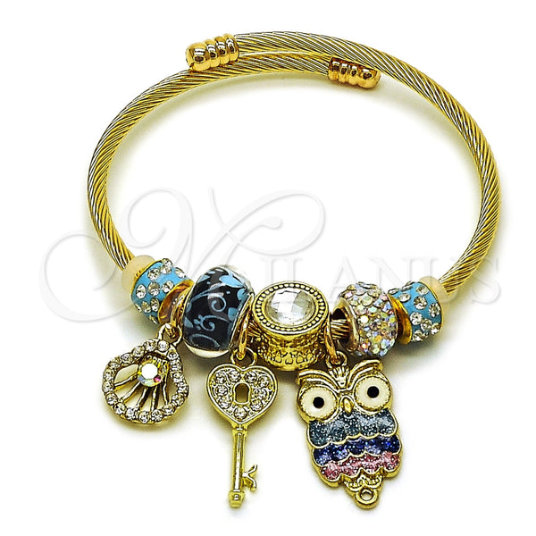 Aro Individual 07.464.0044 Acero Inoxidable, Diseño de Búho y Concha, con Cristal Crystal y Aurore Boreale, Esmaltado Multicolor, Tono Dorado (Grosor 03 MM, Talla Unica)