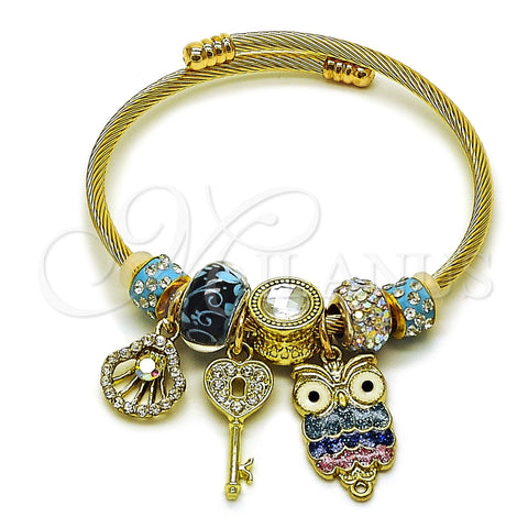 Aro Individual 07.464.0044 Acero Inoxidable, Diseño de Búho y Concha, con Cristal Crystal y Aurore Boreale, Esmaltado Multicolor, Tono Dorado (Grosor 03 MM, Talla Unica)
