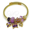 Aro Individual 07.464.0045 Acero Inoxidable, Diseño de Mariposa y Trébol de Cuatro Hojas, con Cristal Violeta, Pulido, Tono Dorado (Grosor 03 MM, Talla Unica)
