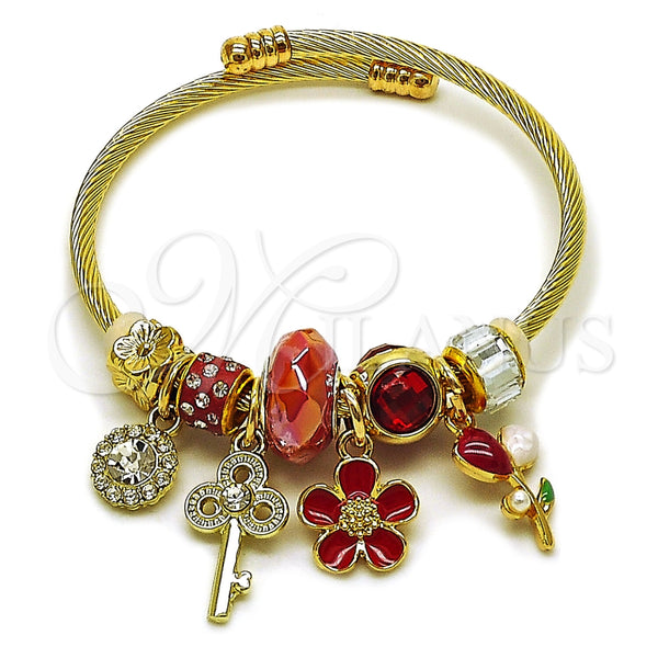 Aro Individual 07.464.0046 Acero Inoxidable, Diseño de Flor y Llave, con Cristal Light Siam y Crystal, Esmaltado Rojo, Tono Dorado (Grosor 03 MM, Talla Unica)