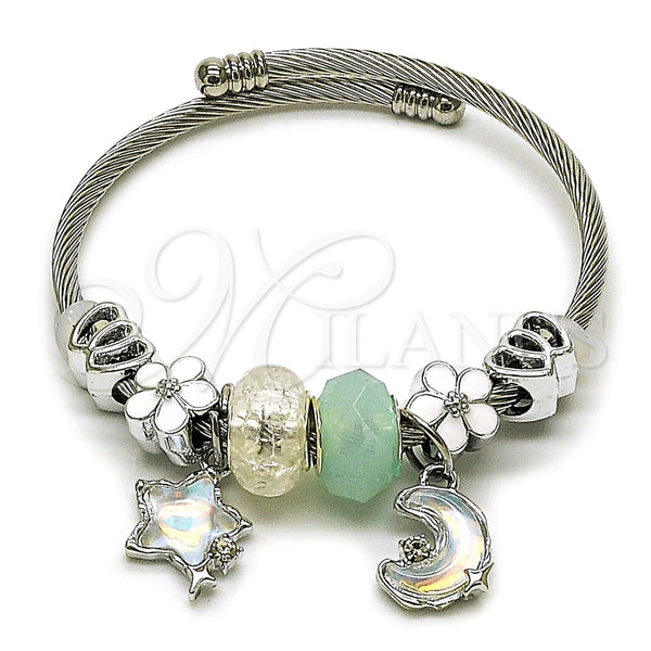 Aro Individual 07.464.0048 Acero Inoxidable, Diseño de Luna y Estrella, con Cristal Crystal y Turquoise, Esmaltado Blanco, Rodinado (Grosor 03 MM, Talla Unica)