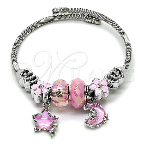 Aro Individual 07.464.0048.1 Acero Inoxidable, Diseño de Luna y Estrella, con Cristal Light Rose, Esmaltado Rosado, Rodinado (Grosor 03 MM, Talla Unica)