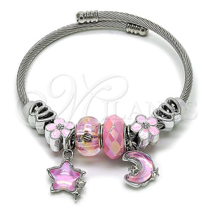 Aro Individual 07.464.0048.1 Acero Inoxidable, Diseño de Luna y Estrella, con Cristal Light Rose, Esmaltado Rosado, Rodinado (Grosor 03 MM, Talla Unica)