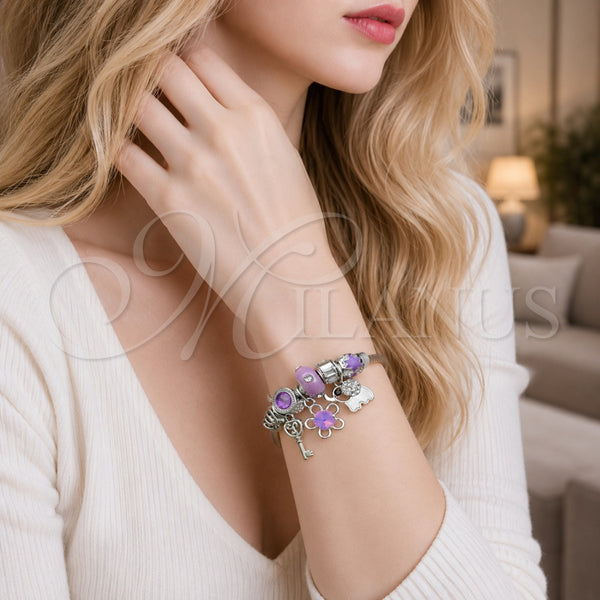 Aro Individual 07.464.0049 Acero Inoxidable, Diseño de Flor y Elefante, con Cristal Violeta y Crystal, Esmaltado Violeta, Rodinado (Grosor 03 MM, Talla Unica)