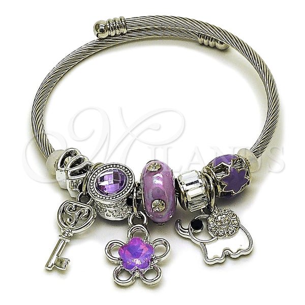Aro Individual 07.464.0049 Acero Inoxidable, Diseño de Flor y Elefante, con Cristal Violeta y Crystal, Esmaltado Violeta, Rodinado (Grosor 03 MM, Talla Unica)
