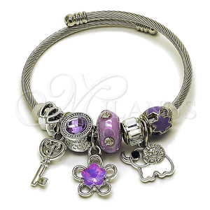 Aro Individual 07.464.0049 Acero Inoxidable, Diseño de Flor y Elefante, con Cristal Violeta y Crystal, Esmaltado Violeta, Rodinado (Grosor 03 MM, Talla Unica)