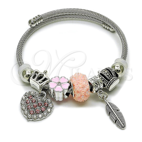 Aro Individual 07.454.0010 Acero Inoxidable, Diseño de Corazón y Oja, con Cristal Light Rose y Crystal, Esmaltado Rosado, Rodinado (Grosor 03 MM, Talla Unica)
