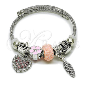 Aro Individual 07.454.0010 Acero Inoxidable, Diseño de Corazón y Oja, con Cristal Light Rose y Crystal, Esmaltado Rosado, Rodinado (Grosor 03 MM, Talla Unica)