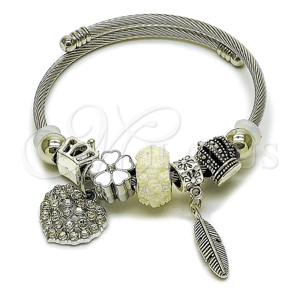Aro Individual 07.454.0010.1 Acero Inoxidable, Diseño de Corazón y Oja, con Cristal Crystal, Esmaltado Blanco, Rodinado (Grosor 03 MM, Talla Unica)