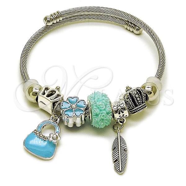 Aro Individual 07.454.0011 Acero Inoxidable, Diseño de Maleta y Oja, con Cristal Crystal y Turquoise, Esmaltado Turquesa, Rodinado (Grosor 03 MM, Talla Unica)