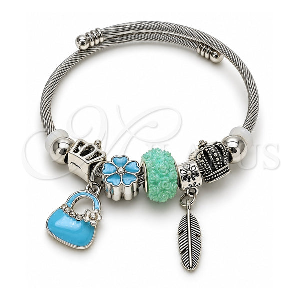 Aro Individual 07.454.0011 Acero Inoxidable, Diseño de Maleta y Oja, con Cristal Crystal y Turquoise, Esmaltado Turquesa, Rodinado (Grosor 03 MM, Talla Unica)