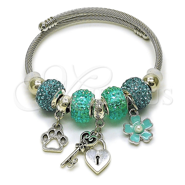 Aro Individual 07.454.0013 Acero Inoxidable, Diseño de Corazón y Candado, con Cristal Light Turquoise y Perla Marfil, Esmaltado Turquesa, Rodinado (Grosor 03 MM, Talla Unica)