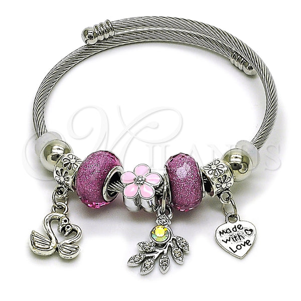 Aro Individual 07.454.0015 Acero Inoxidable, Diseño de Cisne y Corazón, con Cristal Violeta y Crystal, Esmaltado Rosado, Rodinado (Grosor 03 MM, Talla Unica)