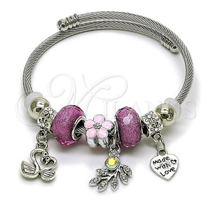 Aro Individual 07.454.0015 Acero Inoxidable, Diseño de Cisne y Corazón, con Cristal Violeta y Crystal, Esmaltado Rosado, Rodinado (Grosor 03 MM, Talla Unica)