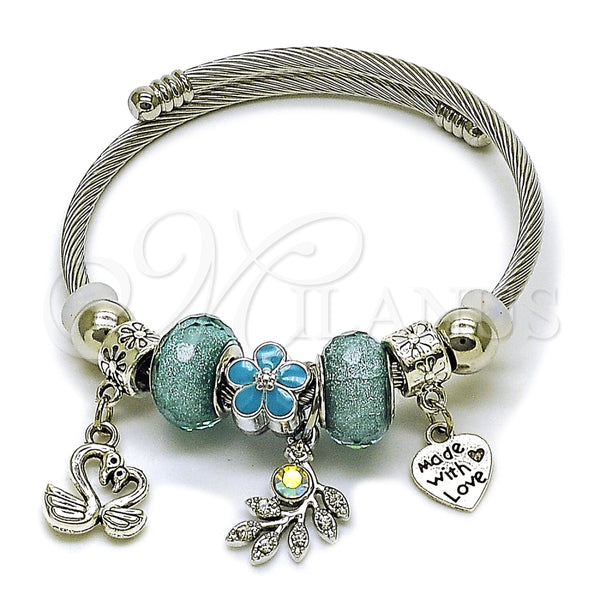 Aro Individual 07.454.0015.1 Acero Inoxidable, Diseño de Cisne y Corazón, con Cristal Light Turquoise y Aurore Boreale, Esmaltado Turquesa, Rodinado (Grosor 03 MM, Talla Unica)