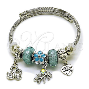 Aro Individual 07.454.0015.1 Acero Inoxidable, Diseño de Cisne y Corazón, con Cristal Light Turquoise y Aurore Boreale, Esmaltado Turquesa, Rodinado (Grosor 03 MM, Talla Unica)