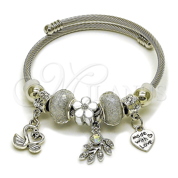 Aro Individual 07.454.0015.2 Acero Inoxidable, Diseño de Cisne y Corazón, con Cristal Crystal y Aurore Boreale, Esmaltado Blanco, Rodinado (Grosor 03 MM, Talla Unica)