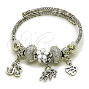 Aro Individual 07.454.0015.2 Acero Inoxidable, Diseño de Cisne y Corazón, con Cristal Crystal y Aurore Boreale, Esmaltado Blanco, Rodinado (Grosor 03 MM, Talla Unica)
