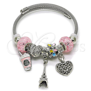 Aro Individual 07.454.0016.1 Acero Inoxidable, Diseño de Corazón y Torre Eiffel, con Cristal Light Rose, Esmaltado Multicolor, Rodinado (Grosor 03 MM, Talla Unica)