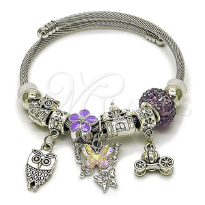 Aro Individual 07.454.0017 Acero Inoxidable, Diseño de Mariposa y Búho, con Cristal Crystal y Violet, Esmaltado Violeta, Rodinado (Grosor 03 MM, Talla Unica)