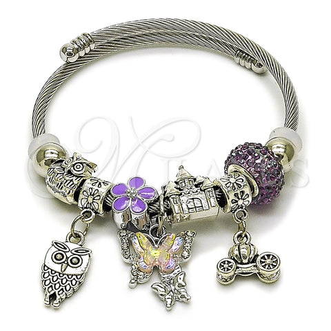Aro Individual 07.454.0017 Acero Inoxidable, Diseño de Mariposa y Búho, con Cristal Crystal y Violet, Esmaltado Violeta, Rodinado (Grosor 03 MM, Talla Unica)