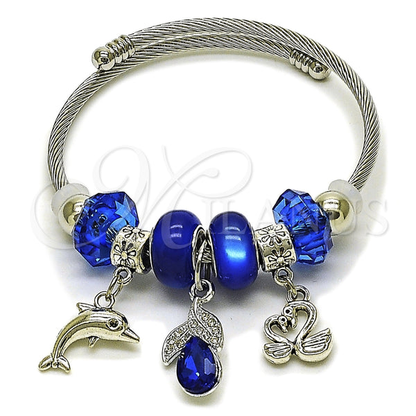 Aro Individual 07.454.0018.1 Acero Inoxidable, Diseño de Delfín y Cisne, con Cristal Capri Blue y Crystal, Pulido, Rodinado (Grosor 03 MM, Talla Unica)