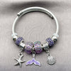 Aro Individual 07.454.0005.2 Acero Inoxidable, Diseño de Concha y Pescado, con Cristal Tanzanita, Esmaltado Violeta, Tono Plateado (Grosor 03 MM, Talla Unica)