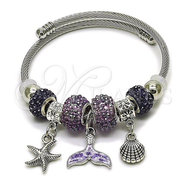 Aro Individual 07.454.0005.2 Acero Inoxidable, Diseño de Concha y Pescado, con Cristal Tanzanita, Esmaltado Violeta, Tono Plateado (Grosor 03 MM, Talla Unica)