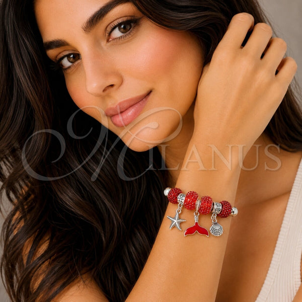 Aro Individual 07.454.0005.3 Acero Inoxidable, Diseño de Estrella y Concha, con Cristal Light Siam, Esmaltado Rojo, Tono Plateado (Grosor 03 MM, Talla Unica)