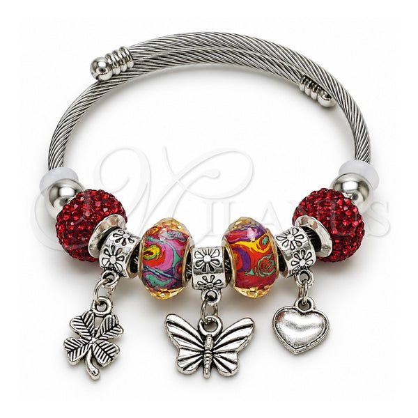 Aro Individual 07.454.0021.1 Acero Inoxidable, Diseño de Mariposa y Trébol de Cuatro Hojas, con Cristal Light Siam, Pulido, Rodinado (Grosor 03 MM, Talla Unica)