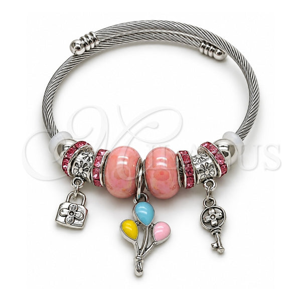 Aro Individual 07.454.0022 Acero Inoxidable, Diseño de Candado y Llave, con Cristal Light Rose, Esmaltado Multicolor, Rodinado (Grosor 03 MM, Talla Unica)