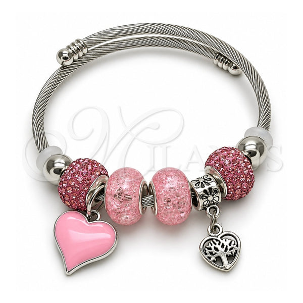 Aro Individual 07.454.0023 Acero Inoxidable, Diseño de Corazón y Ãrbol, con Cristal Light Rose, Esmaltado Rosado, Rodinado (Grosor 03 MM, Talla Unica)