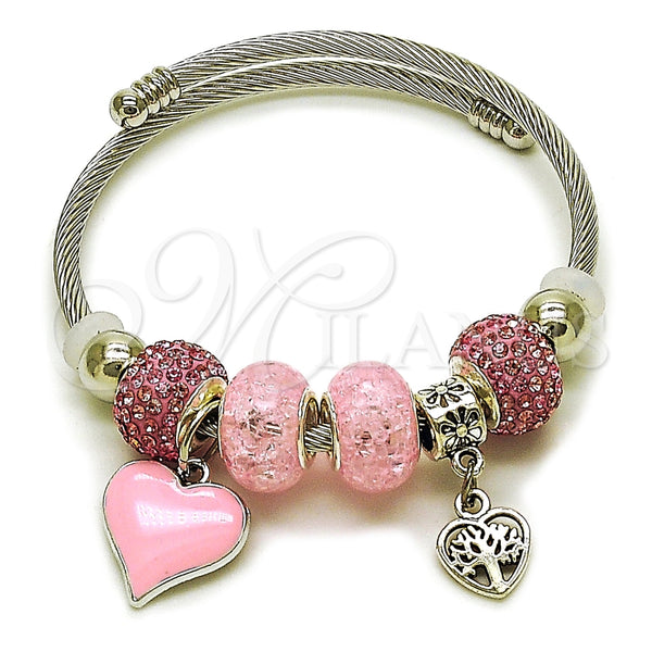 Aro Individual 07.454.0023 Acero Inoxidable, Diseño de Corazón y Ãrbol, con Cristal Light Rose, Esmaltado Rosado, Rodinado (Grosor 03 MM, Talla Unica)