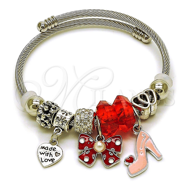 Aro Individual 07.454.0024 Acero Inoxidable, Diseño de Arco y Corazón, con Cristal Light Silk y Crystal, Esmaltado Rojo, Rodinado (Grosor 03 MM, Talla Unica)