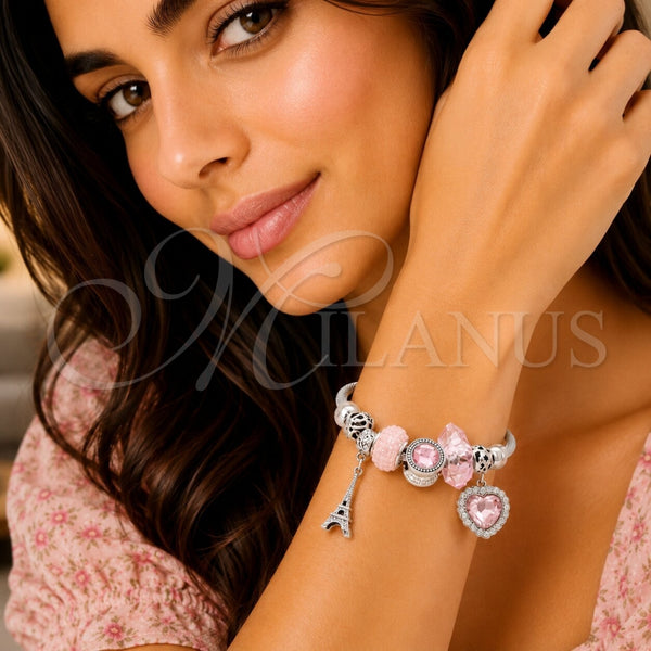 Aro Individual 07.454.0025.1 Acero Inoxidable, Diseño de Corazón y Torre Eiffel, con Cristal Light Rose y Crystal, Pulido, Rodinado (Grosor 03 MM, Talla Unica)
