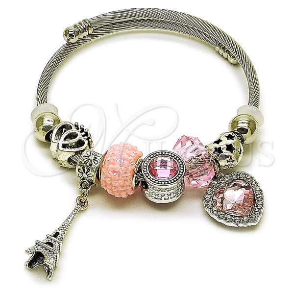 Aro Individual 07.454.0025.1 Acero Inoxidable, Diseño de Corazón y Torre Eiffel, con Cristal Light Rose y Crystal, Pulido, Rodinado (Grosor 03 MM, Talla Unica)