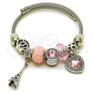 Aro Individual 07.454.0025.1 Acero Inoxidable, Diseño de Corazón y Torre Eiffel, con Cristal Light Rose y Crystal, Pulido, Rodinado (Grosor 03 MM, Talla Unica)