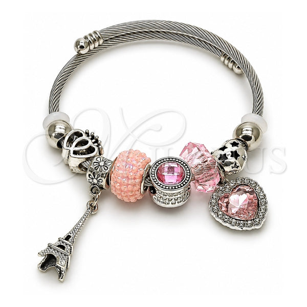 Aro Individual 07.454.0025.1 Acero Inoxidable, Diseño de Corazón y Torre Eiffel, con Cristal Light Rose y Crystal, Pulido, Rodinado (Grosor 03 MM, Talla Unica)