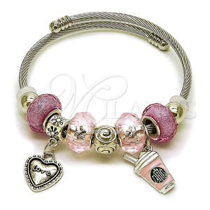 Aro Individual 07.454.0027 Acero Inoxidable, Diseño de Corazón y Baso de Beber, con Cristal Light Rose, Esmaltado Rosado, Rodinado (Grosor 03 MM, Talla Unica)